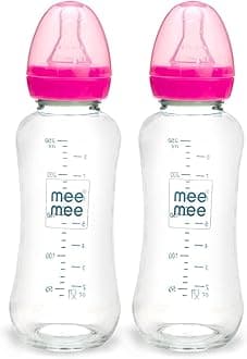 Mee Mee Premium Glass Feeding Bottle, Pink, 240ml (Pack of 2)
