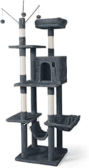 CAPHAUS Tall Cat Tree for Indoor Cats, Modern Cute 70-Inch Climbing Play Tower with Top Perch Large Cats Kittens, Multi-Level Activity w Scratching Posts, Hammock, Cave Condo, Smoky Grey