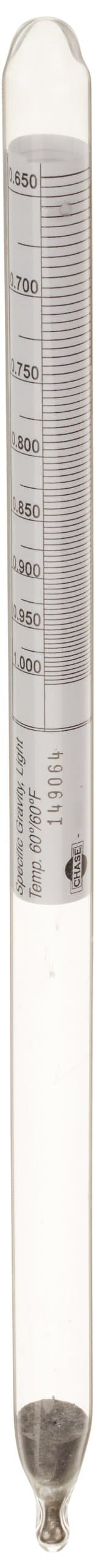 Chase Instruments 1913 Light Liquid Specific Gravity Hydrometer, 0.700-1.000mm Graduation Range, 0.005mm Interval