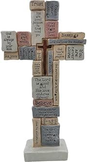 Jumiz Cross Sculpture with Christian Words and Sayings Crossword Table Inspirational Figurine Cross for Home Decor Christian gifts