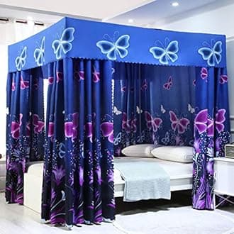 Mengersi Princess Four Corner Post Bed Curtain Canopy Sheer Cover Mosquito Net for Girls Adults Kids (Full, Blue Butterfly)