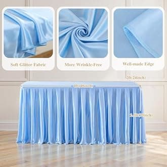 4FT Blue Satin Tablecloths for Rectangle Tables - Shiny Spandex Party Table Cover with Pleated Table Skirt, No-Wrinkle & Glossy Wedding Tablecloth One-Piece for Birthday Baby Shower Banquet Ceremony