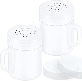 CUSINIUM 6oz White Stainless Steel Salt Pepper Dredge Shakers - With Plastic Cap - With Handle - Pack of 2