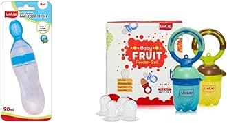 LuvLap Feeding Spoon with Squeezy Food Grade Silicone Feeder Bottle, for Infant Baby, 90ml, BPA Free & LuvLap Baby Food and Fruit Feeder Twin Pack with Three Feeder Sack Sizes, Brown and Blue