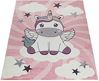 Paco Home Childrens Rug Childrens Bedroom Girls Modern Unicorn on Clouds in Pink Purple, Size:Ø 160 cm round