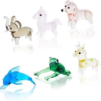 6Pcs Small Hand Blown Glass Figurines Miniature Animal Decor Colorful Glass Animal Frog Sika Deer Elephant Mythical Dolphin Dog for Collectible Home Decor Gifts