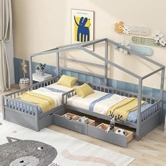 SOFTSEA Twin Size House Platform Bed with Three Storage Drawers, House Bed Frame for 2 Kids, Gray