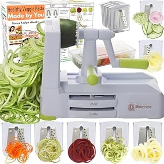 7-Blade Spiralizer: Strongest-and-Heaviest Duty Vegetable Spiral Slicer, Best Veggie Pasta Spaghetti Maker for Low CarbPaleoGluten-, with Blade Caddy, Container, Lid & 3 Recipe Ebooks