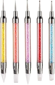 5PCS Dual-Ended Nail Art Sculpture Pen Dotting Tools, Silicone Nail Polish Brushes Stainless Steel Carving Drawing Dotting Tool, Acrylic Rhinestone Handle, Nail Art Tools