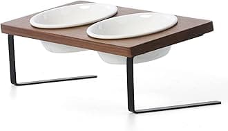 Elevated Cat Ceramic Bowls, Small Dog 15° Tilted Raised Food Feeding Dishes, Solid Walnut Water Stand Feeder Set for Cats and Puppy