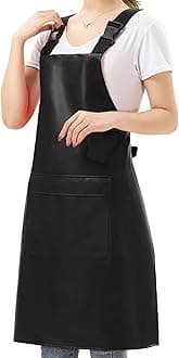 RUIFYRAY Black Vinyl Leather Apron with Pockets for Women, Waterproof for Kitchen, Cooking, Dishwashing, Dog Grooming