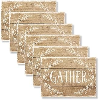 Blissful Living Set of 6 Placemats, Stain Resistant - Decorate Your Kitchen Table with Our Beautiful Rectangle pad placemat (Gather Wood Taupe/White)