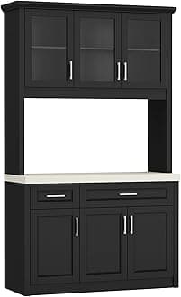 Tall Kitchen Pantry Cabinet with Hutch and Drawers, Pantry Storage Cabinet with Glass Doors & Shelves, Cupboard with Beige Countertop Marble Grain, Black 47.6”W x 18.7”D x 82.7”H
