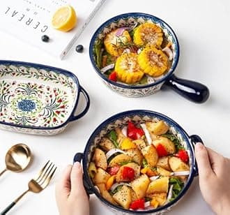 Vintage Style Tulip Flower Pattern Ceramic Bakeware Casserole Dish Baking Pan Lasagna Pans Baking Dish with Handles for Oven/Cooking/Kitchen-1 PCS-32 OZ