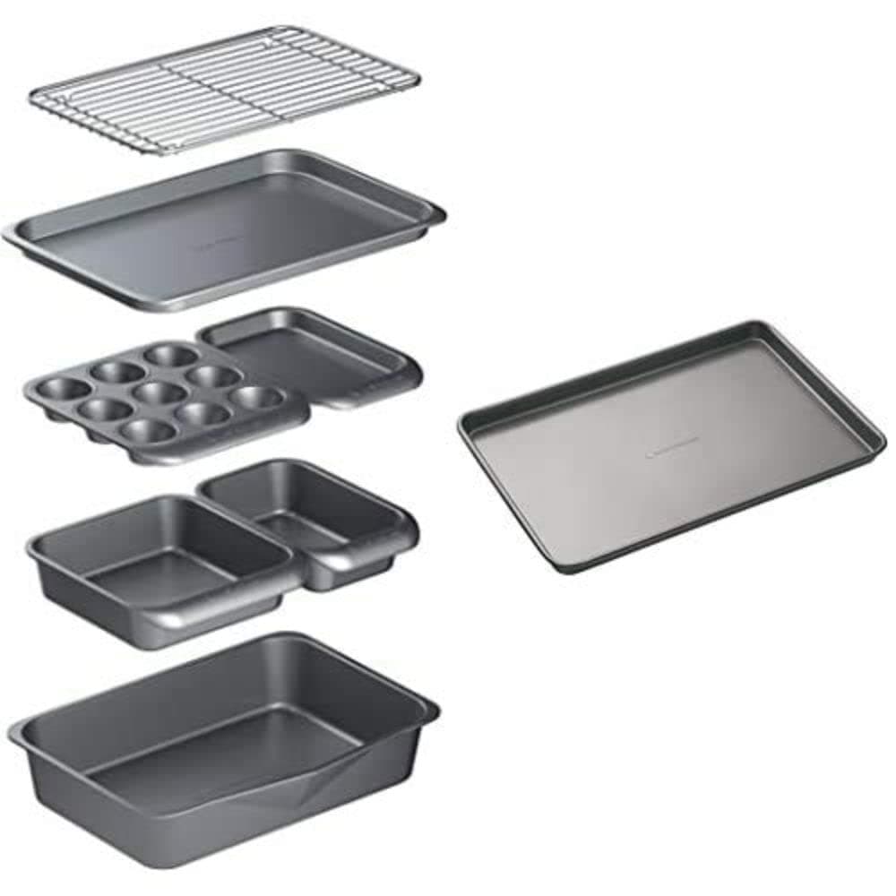 Smart Space Carbon Steel Stackable Bakeware Set (Including Roasting Tin, Muffin Large Non-Stick Baking Tray, Grey, 41 x 31 x 10.5 cm