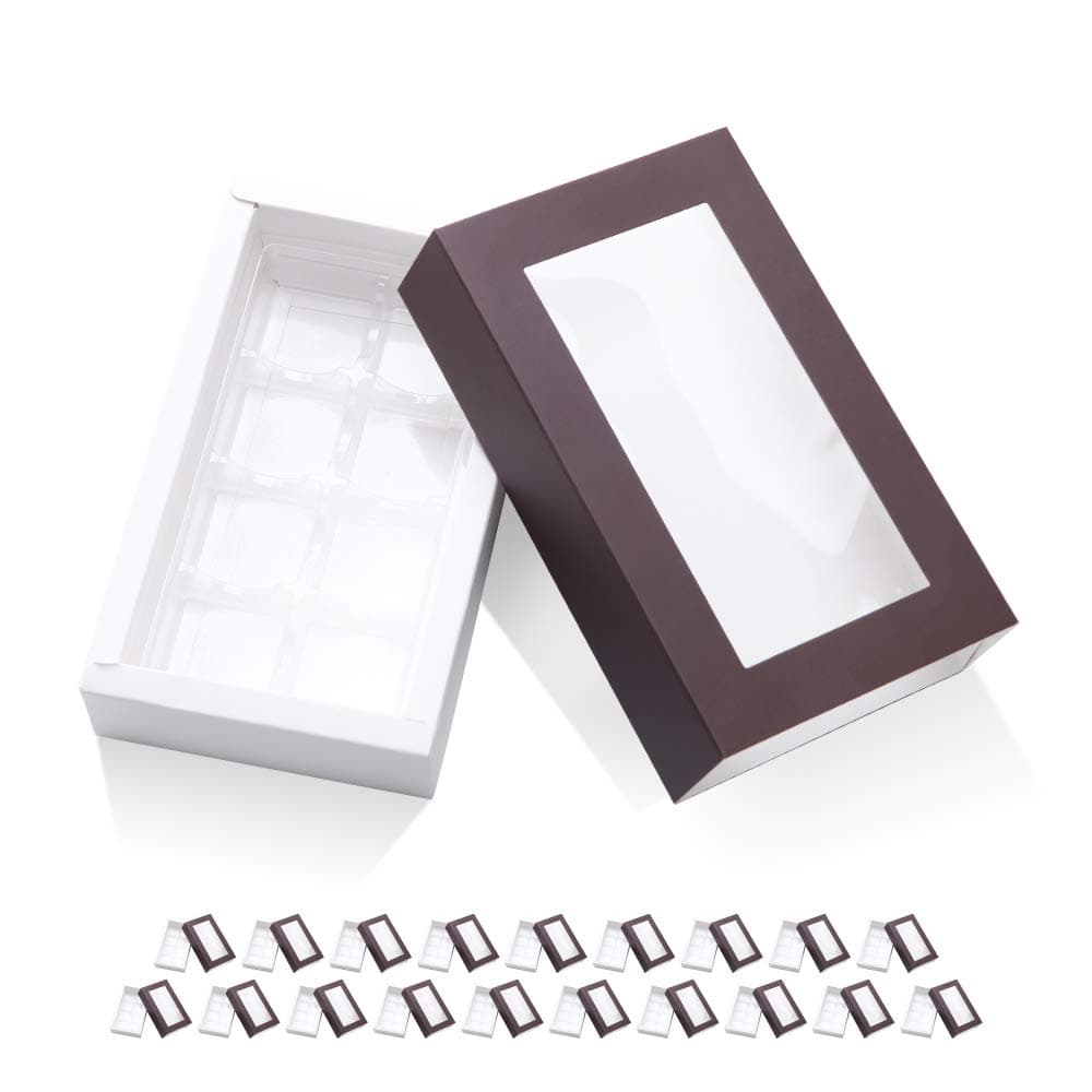 20 Truffle Box, Chocolate Box Packaging, Candy Boxes with 8-Piece Plastics Tray (Tray Size with 5.75x2.75 Inches), Pull Out Packing with Clear Window Sleeves, Dark Brown