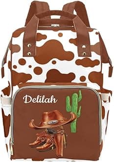 Cowboy Boots Farm Cow Print Personalized Diaper Bag Backpack Bookbag Name Daypack Large Mommy Bag for Boys Birthday Adult Girls