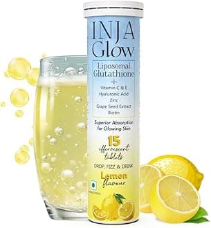 INJAGlow Liposomal Glutathione with Vitamin C & E,Hyaluronic Acid,Zinc,Biotin & Grape Seed Extract,4x More Effective,Reduces Dark Spots,Enhances Skin Glow & Collagen,Lemon Flavour,1 count,15 capsules