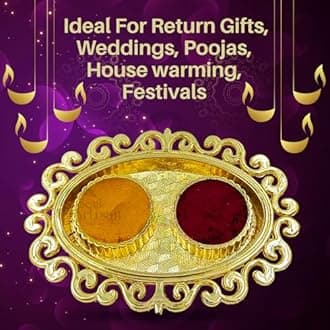 Oval Design Double Kumkuma Holder Chimil Box - Plastic Golden Metallic Color(Pack of 10) - Decorative Art Design Tilak Daani, Sindoor for Women Return Gift, Diwali, Weddings, Pooja