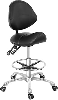 Grace&Grace Grace & Grace Professional Saddle Stool Chair with Back Support, Hydraulic Ergonomic Saddle Seat Stool with Wheels for Clinic Dentist Spa Massage Salons Studio (Black, with Foot Rest)