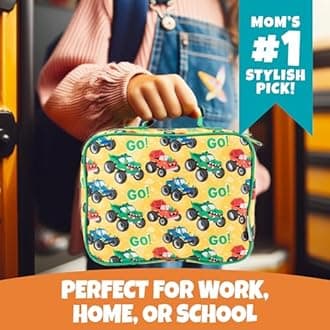 Bentology Lunch Box for Boys and Kids, Insulated Durable Lunch Box Tote Bag Fits Bento Boxes, Container Jars, Water Bottles, Reusable School Meal Sleeves, Keeps Food Hot or Cold - Monster Truck