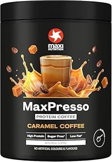 MaxiNutrition MaxPresso Caramel, Protein Coffee, Whey Protein Powder, 21 g Protein per Serving, Sugar-Free & Low-Fat, Mix Warm or Cold