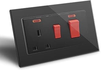 BSEED Double Cooker 45A Wall Switch Socket Unit 1 Gang Black with Red Power Indicator, Screwless Crystal Glass Panel
