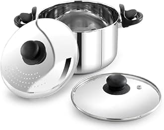 Praylady 3.7L Stainless Steel Strainer Pot with Glass Lid (20 CM) – Multi-Purpose Induction Base Cooking Pot for Pasta, Rice, Noodles, Vegetables – Pasta Pot, Anti-Locking, Dishwasher Safe