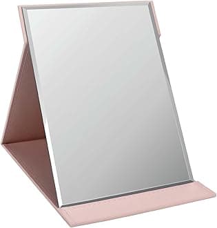 ZBEIVAN 12x9 Inches Portable Folding Makeup Mirror, Frameless PU Leather Desk Mirror with Stand for Camping Travel Tabletop Personal, Pink