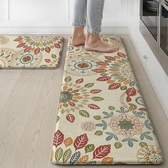 GENIMO Kitchen Mats for Floor 2PCS, Cushioned Kitchen Rugs Non Slip Washable, Farmhouse Anti Fatigue Mat Waterproof, Comfort Standing Mat Rug for Office, Home, Laundry, 17.3"x47"+17.3"x30", Beige&Red