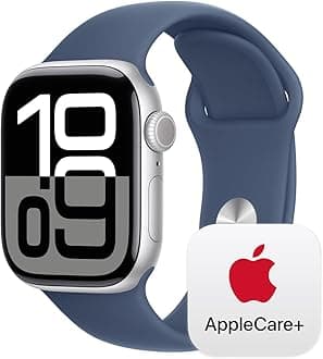 Apple Watch Series 10 [GPS 42mm] with Silver Aluminium Case with Denim Sport Band - S/M. Fitness Tracker, ECG App, Always-On Retina Display, Water Resistant with AppleCare+ (2-years)