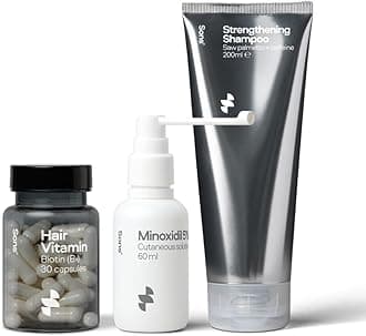Complete Hair Loss Treatment for Men. Minoxidil 5% for Hair Regrowth, Vegan Biotin for Hair, DHT Blocking & Thickening Shampoo with Citrus Scent. 1 Month Supply. Made in Europe.