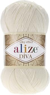 AlizeDiva Silk Microfiber Acrylic Sport Weight Yarn - Lightweight & Soft, Perfect for Crocheting & Knitting Scarves, Clothes & Crafts - 1 Skein, 100g, 383 Yards, Fingering Weight, 14 WPI, Light Cream