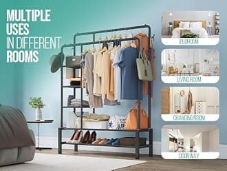 Heavy Duty Clothes Rail, 120KG Black Metal Rack With Double Hanging Clothing Rail, Shoe Rack, Storage Shelves & 4 Coat Hooks, Wardrobe Clothes Rails For Bedroom Office Shop