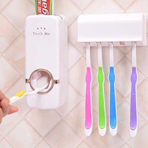 shree krishna Plastic Automatic Hands Free Toothpaste Dispenser Wall Mounted Toothpaste Squeezer Dispenser with Detachable 5 Hole Toothbrush Holder (Multicolor)