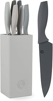 MasterChef Knife Block Set of 6 Kitchen Knives, Extra Sharp Stainless Steel Blades for Professional Cutting with Non Stick Coating & Soft Touch Easy Grip Handles in a Universal Holder, Earth Greys