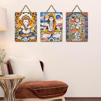 Artvibes Divine Ganesha Mahadev & Krishna Sacred Art Wooden Wall Hanging | Religious Gift | Temple | Wooden Wall Decor | Wall Decoration For Living Room | Decorative | Temple | Pooja Room (WH_9630N)