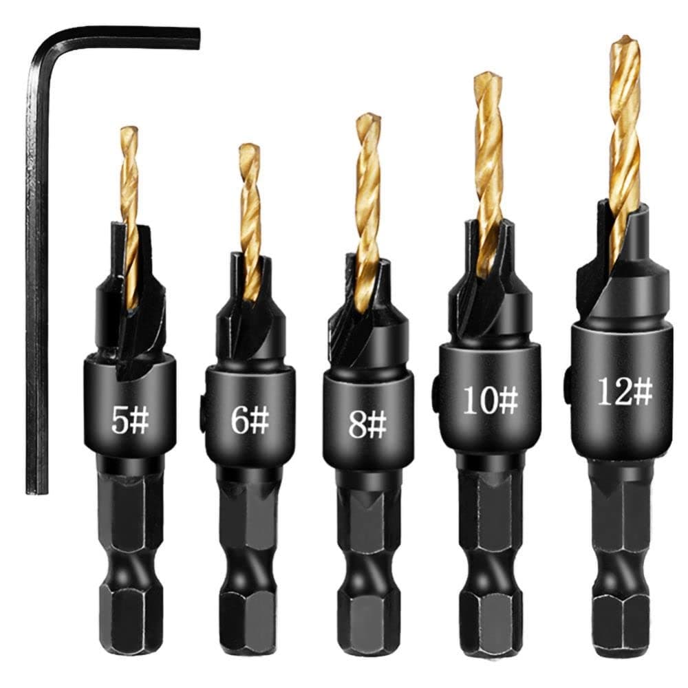 5Pcs Countersink Drill Bit Set,Titanium Plating 1/4inch Hex Shank Power Tools and HSS Quick Change Drill Bit Woodworking Chamfer Tool Adjustable for Wood Drilling,Plastic,Soft Metal,PVC