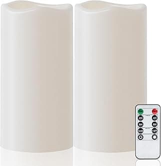Amagic 2 Pack 8" x 4" Outdoor Plastic Electric flameless Candles with Remote Control and Timer, Battery Operated Flickering LED Pillar Fake Candle for Home, Wedding Decor, Ivory
