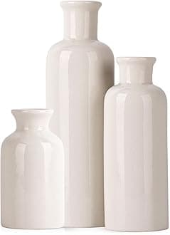 White Ceramic Vase Set - 3 White Small Vases, Farmhouse Country Flower Vase Home Decor, Living Room Decoration, Table Decoration, Fireplace Decor, and Entrance Decorations Centerpieces