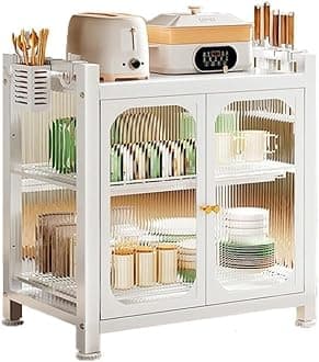 kesig Carbon Steel Kitchen Storage Rack Drain Dishware Storage Rack Countertop Storage Cupboard with Door Multifunctional Bowl Chopstick Storage Box Kitchen Countertop Plate Organizer (White)