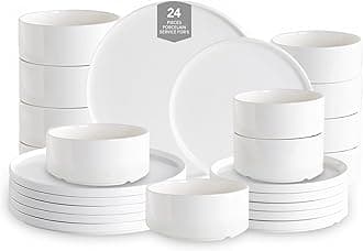 Porcelain Dinnerware Sets, 24 Piece Plates and Bowls Dish Set for 6, Modern Ceramic Dining Dishware, Chip and Scratch Resistant White Dish Set, Microwave & Dishwasher Safe