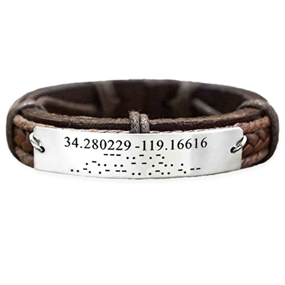 Morse Code Bracelet Custom Coordinates Mens Leather, Hidden Secret Message Engraved, Stainless Steel Wristband
