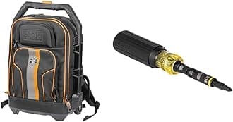 Klein Tools 55604 Rolling Tool Backpack, Tool Bag with 28 Pockets, Heavy Duty Retractable Handle & 32500HD Multi-Bit Screwdriver/Nut Driver, Impact Rated 11-in-1 Tool with Phillips