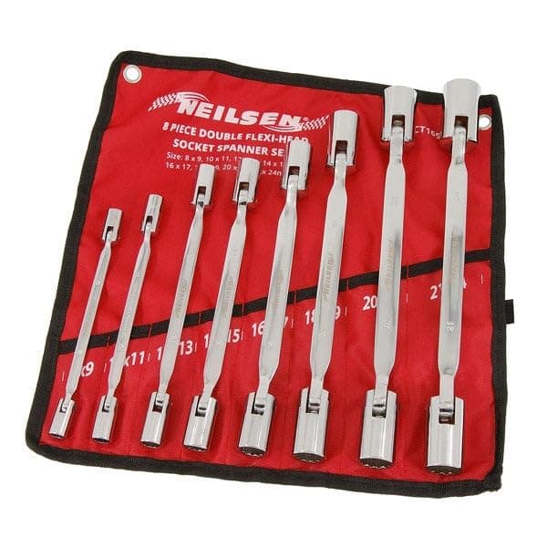 Neilsen CT1657 8pc Socket Spanner Set - Double-Headed Flexi-Head, Sizes 8mm to 23mm | Chrome Vanadium Finish | Wall-Mountable Storage Pouch