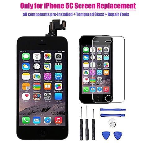 iPhone 5C LCD Display Screen Touch Digitizer Full Assembly Replacement with Home Button Front Camera Proximity Sensor Ear Speaker Complete Repair Tools and Screen Protector Black