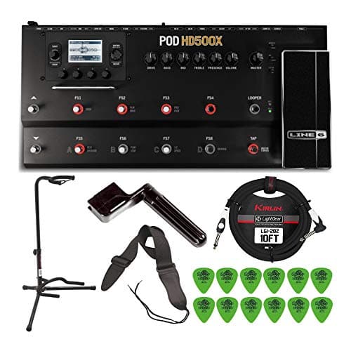 Line 6 POD HD 500X Guitar Multi-Effects Processor with Tripod Guitar Stand, Tuner, Instrument Cable, String Winder, and Guitar Picks Bundle (6 Items)
