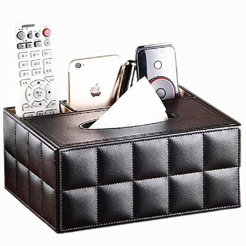 Eonyea Rectangular Tissue Box Cover, ultifunction PU Leather Pen Pencil Remote Control Tissue Box Cover Holder Desk Storage Box Container for Home and Office Use (Black Grid)