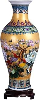 Jingdezhen Large Fishtail Ceramic Floor Vase, Golden, Height 18.11" (46cm), Oval Shape, Asian Style, Floral Pattern