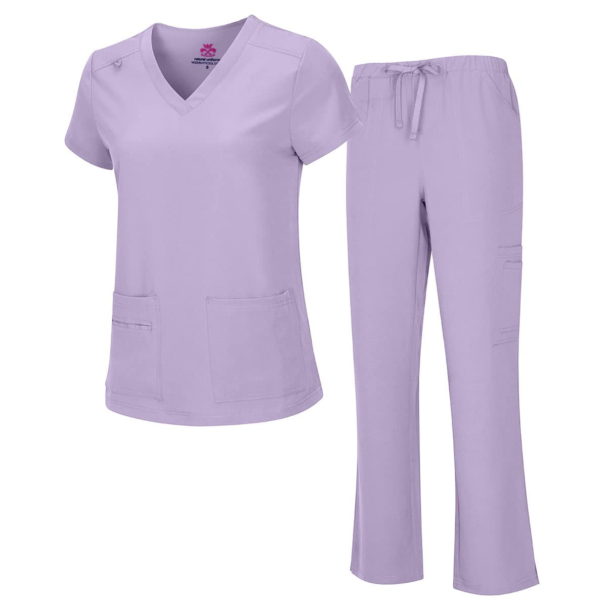 Natural Uniforms Natural Uniforms Women's Cool Stretch V-neck Top And Cargo Pant Set of Medical Scrubs for Women (Pack of 2), Lavender, X-Small-Petite